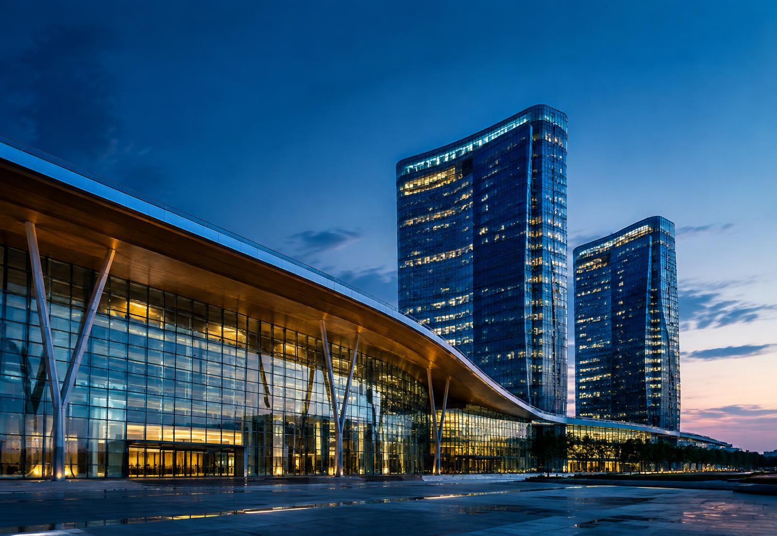 Modern convention centre and business hotels at dusk